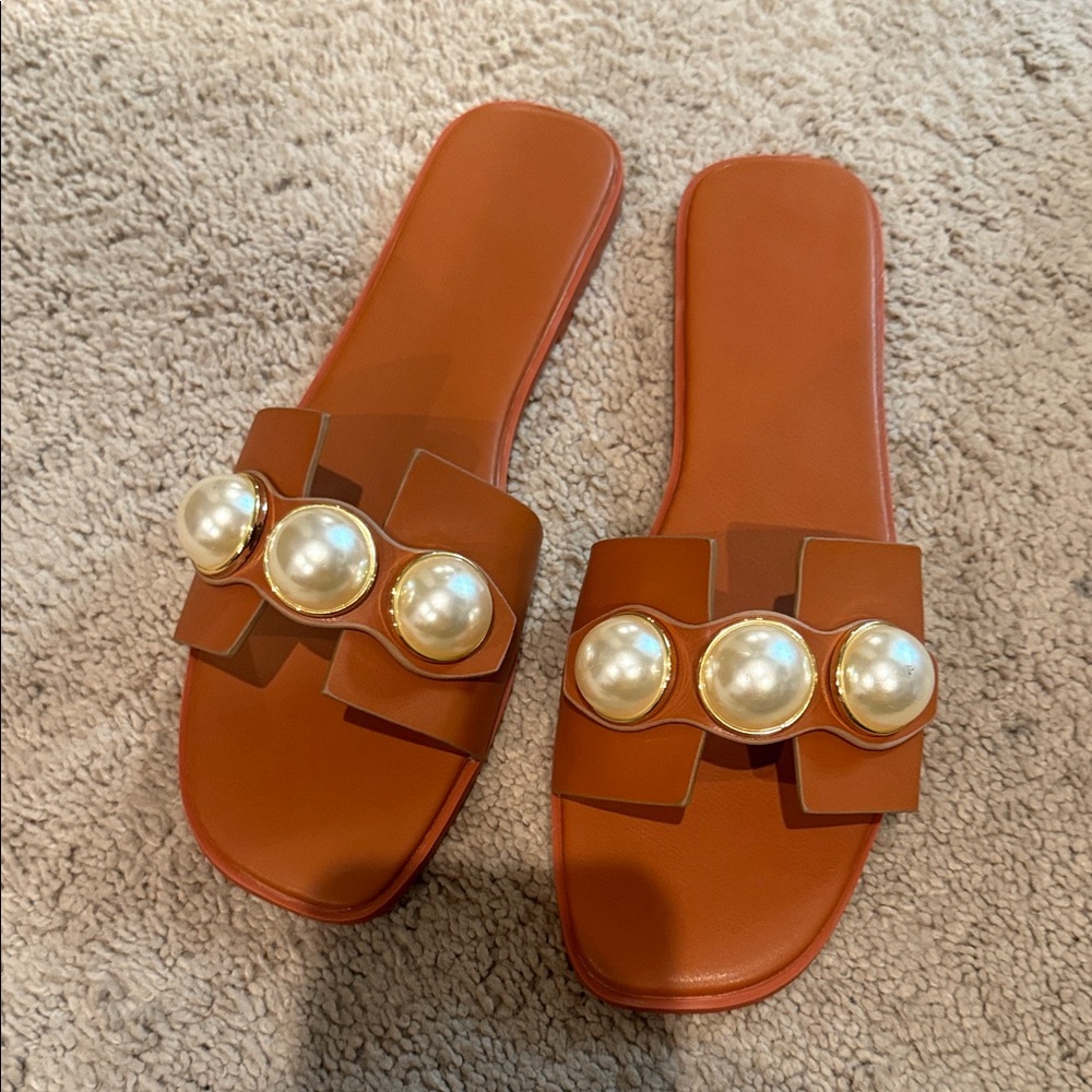 Elegant Brown Slide Sandals with Pearl Accents